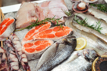 Fish food at shop, close up. Raw fish ready for sale in the supermarket.