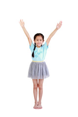 Fototapeta premium Cheerful asian little child girl with pigtail hair standing and raise hands up isolated on white background. Full length