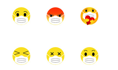 Fototapeta premium Emoticons wearing protective face masks different expressions laugh, smile, worry, angry, care, sad, Covid-19 protection vector illustration isolated emojis 