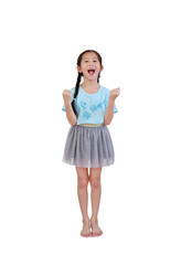 Fototapeta premium Cheerful asian little child girl with pigtail hair standing and raise hands up isolated on white background. Full length