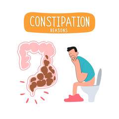 A man on the toilet is experiencing problems with defecation.
Constipation in humans. Intestines with stuck fecal masses 
Vector illustration of gastroenterology medical posters