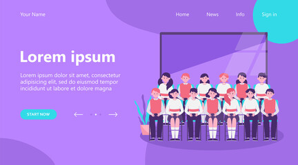 School students posing for class photo in classroom. Teen boys and girls in uniforms sitting in rows near blackboard. Vector illustration for memory, classmates, education concept