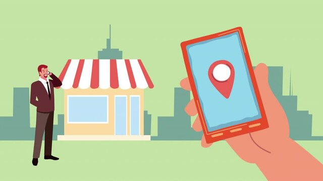 young businessman with store building and smartphone