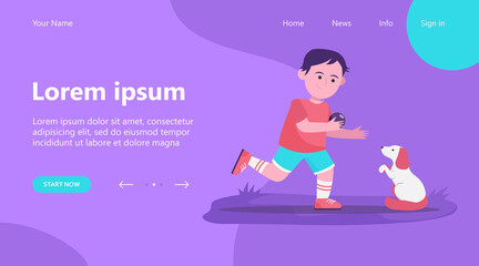 Little boy playing with dog. Pupil, puppy, ball flat vector illustration. Animals and childhood concept for banner, website design or landing web page