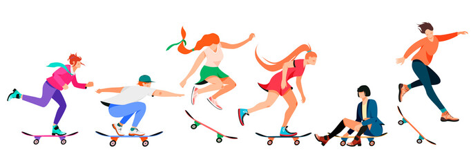 Isolated on white collection of people on a skateboard vector illustration. Set of characters riding a board design element. Modern activity, urban vehicle in flat cartoon style. © SickleMoon