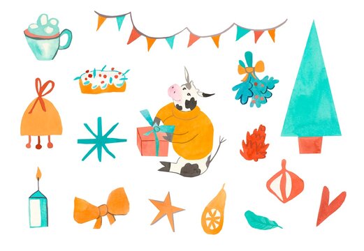A large set with bulls in orange, brown and blue.New Year's and festive clip art in unusual colors. Cows, candle, Christmas tree toys on white isolated background.Design for cards,packaging,posters.