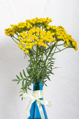 A bouquet of tansy in a blue bottle. The bottle is tied with a ribbon tied to a bank. On a white background.