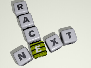 crosswords of next race arranged by cubic letters on a mirror floor, concept meaning and presentation. background and illustration