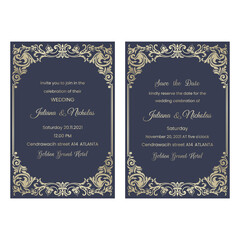 Wedding  Invitation and save the date card  with baroque pattern blue and gold color.  Beautiful Victorian ornament. Frame with floral elements. Vector illustration.  Size: 6