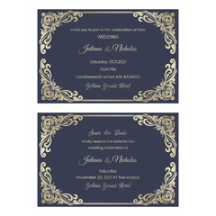 Wedding  Invitation and save the date card  with baroque pattern blue and gold color.  Beautiful Victorian ornament. Frame with floral elements. Vector illustration.  Size: 6