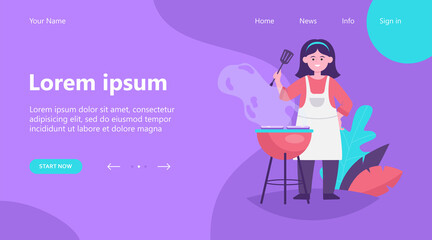 Happy woman grilling barbecue meat. Female chef in apron holding spatula, cooking in garden flat vector illustration. BBQ party, summer, food concept for banner, website design or landing web page