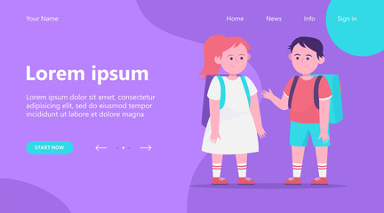 Little boy and girl chatting with each other. Pupil, backpack, school flat vector illustration. Friendship and childhood concept for banner, website design or landing web page