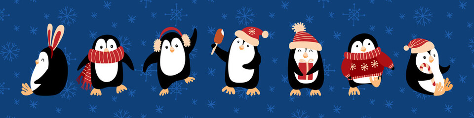 Cute cartoon penguins celebrating Christmas. Funny characters on blue background with snow. Vector illustration.