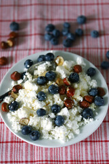 Selective focus. Macro. Plate with cottage cheese, blueberries, nuts and honey. Healthy diet. Keto breakfast or snack.