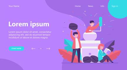 Tiny people and big coffee grinder. Bean, drink, sugar flat vector illustration. Hot beverages and coffee break concept for banner, website design or landing web page