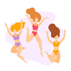 Obraz na płótnie Canvas A group of young girls with long hair is jumping on a white background with copy space. Stylish modern vector illustration with happy womens party, sport, dancing and friendship team concept