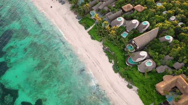 Aerial view of the beach shore in Tulum, Quintana Roo, Mexico.