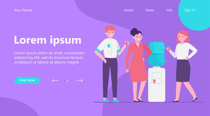 Positive people drinking water at cooler. Office colleagues, chatting, break flat vector illustration. Beverage, refreshment, watercooler concept for banner, website design or landing web page