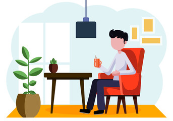 Guy with his cup of coffee, enjoying at home or in a cafe or restaurant. Vector flat illustration for advertising, poster, banner
