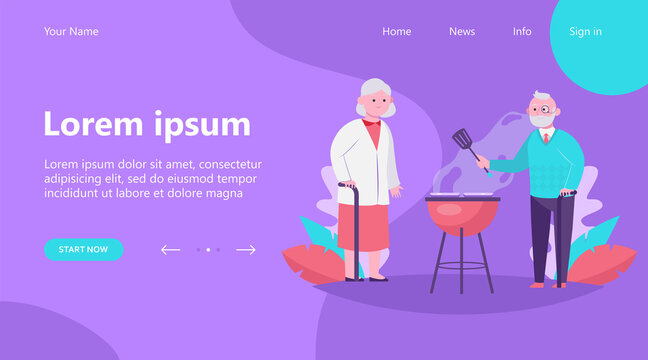 Senior couple cooking BBQ meat in garden. Old man with cane and spatula grilling steaks flat vector illustration. Leisure, summer, food concept for banner, website design or landing web page