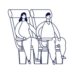 young couple seated in airplane chairs avatars characters