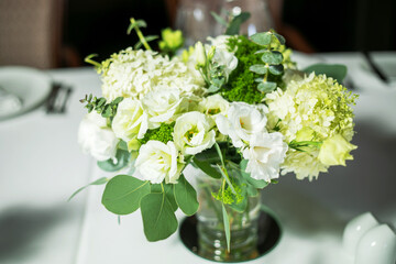 Table served for dinner in living room, close up view