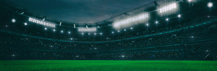 Sport stadium at night as wide backdrop. Digital 3D illustration for background advertisement. - obrazy, fototapety, plakaty