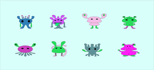 a set of cute monster. vector illustration. isolated on blue background