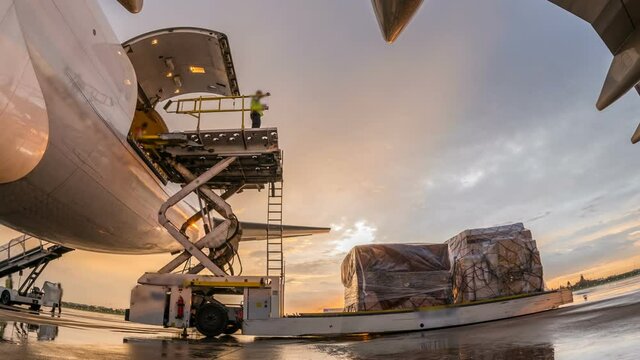 Time lapse business of air cargo freighter with import and export - Fisheye lens