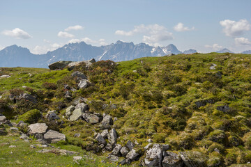 Typical landscape of Austria, summer background. Background with fields,  mountains and blue skies