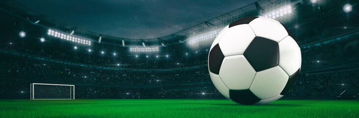 Sport stadium with soccer ball at night as wide backdrop. Digital 3D illustration for background advertisement.