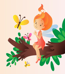 Little cute fairy sitting on the tree branch surounded by flying