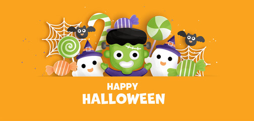 Happy Halloween background with cute  Frankenstein. .