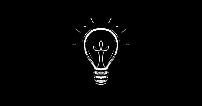 animation,2D animation of a light bulb drawn with white chalk on a black background.drawn with a white dry brush by hand. Symbolizes insight or solution to a problem. animation of light bulb turned on
