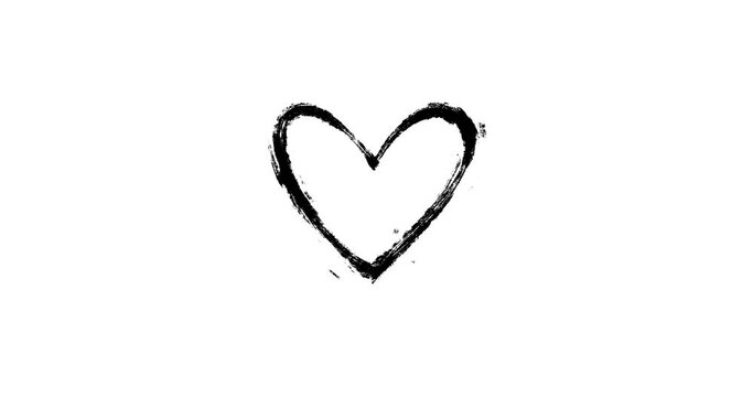 2D animation of a black stroke of a heart drawn by hand on a white background. Rough black dry brush strokes