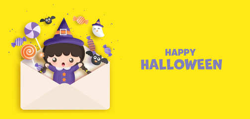 Happy Halloween background with cute  witch.