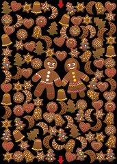 Christmas cookies maze. Find the way through the gingerbread labyrinth. Xmas fun for children. Illustration on black background.
