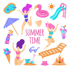 Summer set of hand drawn elements of a girl,schizlong, fun, umbrella, flamingo.Perfect for web, postcard, poster, cover, tag, invitation, sticker set.Vector illustration with beach stuff or pool party