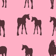 seamless background of figures of Arabian horses, a Mare with a foal and a stallion on a pink background