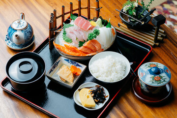 Food series: Sashimi set, fresh raw fish or meat sliced into thin pieces