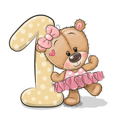 Cartoon Teddy Bear Girl and number one isolated on a white background