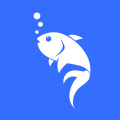 white silhouette Fish with bubbles, icon logo concept on blue background. T-shirt design