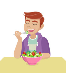 Man is eating a salad. The concept of proper nutrition and healthy lifestyle.