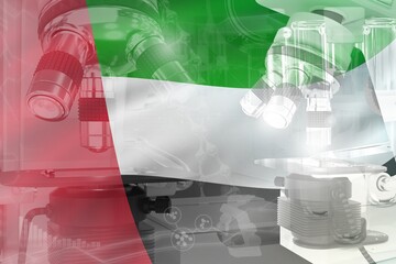 United Arab Emirates science development conceptual background - microscope on flag. Research in nanotechnology or clinical medicine, 3D illustration of object