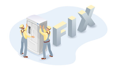 Refrigerator, workers, isometric word Fix. Home appliance repairs. Vector.