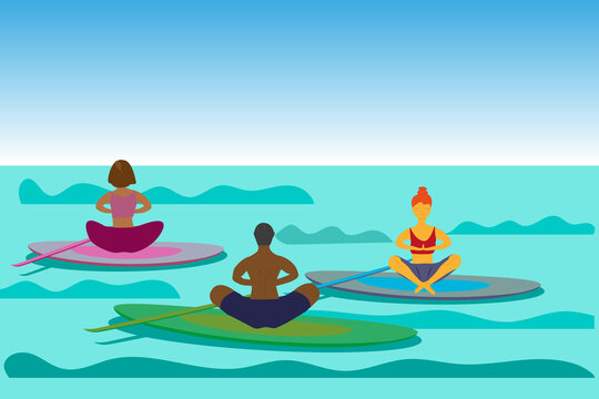 SUP Yoga. Lotus position. Group of relaxed people on supboards during yoga meditation, Stand up paddleboard yoga.