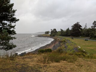 Dark grey ocean and rocks