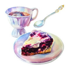Set, currant pie with a Cup of tea and a teaspoon. Watercolor illustration