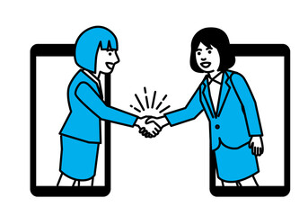 Business people shaking hands through smartphone. Vector illustration.