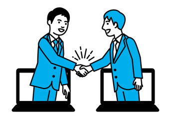 Business people shaking hands through laptop. Vector illustration.
